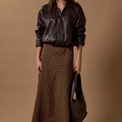 Stories Be Told Companion Chocolate Caramel Check Cotton Blend Bias Maxi Skirt