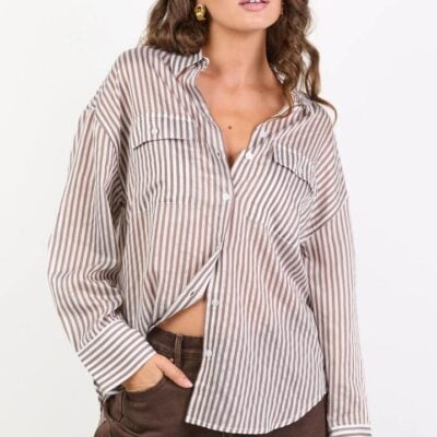 Stories Be Told Preppy Chocolate Stripe Pocket Front Shirt