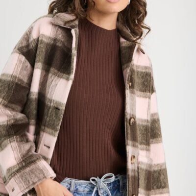 Stories Be Told Solace Chocolate Pink Check Oversized Shacket