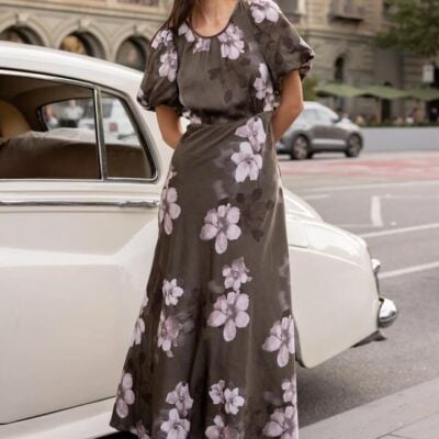 Stories Be Told Stage Cocoa Blossom Floral Satin Puff Sleeve Floaty Maxi Dress