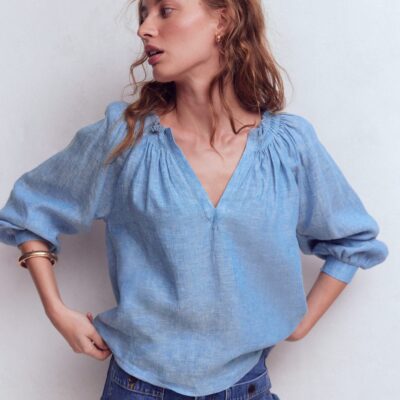 Boden Serena Pleat Neck Linen Top