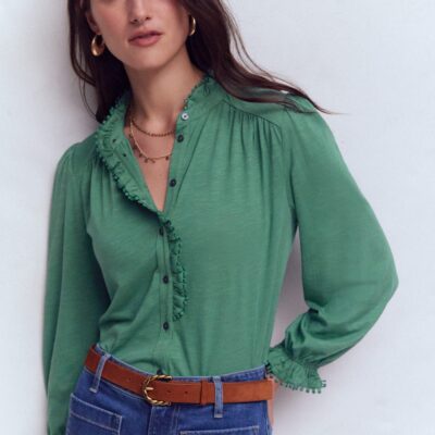Boden Emily Pom Trim Ruffle Shirt