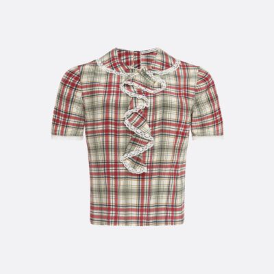 Alessandra Rich Tartan-print Silk Short Sleeve Blouse With Jabot - Image 1