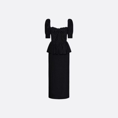 Alessandra Rich Silk Peplum Midi Dress With Puff Sleeves - Image 1