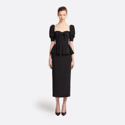 Alessandra Rich Silk Peplum Midi Dress With Puff Sleeves - Image 2