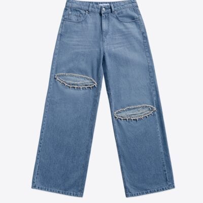 AREA Distressed Crystal Relaxed Slit Jean - Image 1