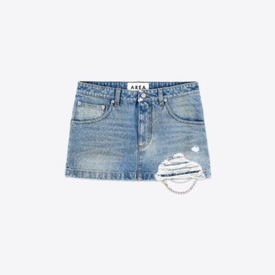 AREA Crystal Fray Denim Mini Skirt - Image 1