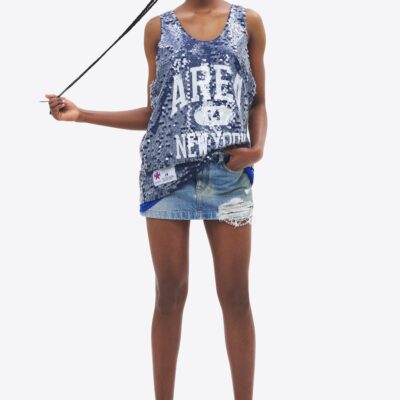 AREA Crystal Fray Denim Mini Skirt - Image 2