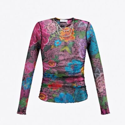 AREA Crystal Embellished Printed Tulle Long Sleeve Top - Image 1