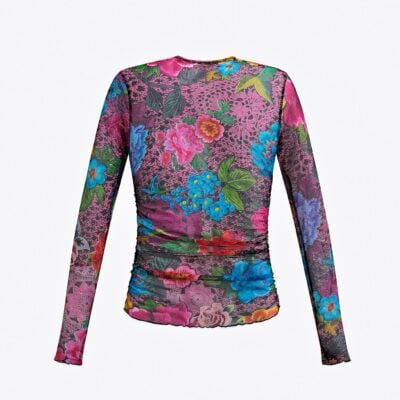 AREA Crystal Embellished Printed Tulle Long Sleeve Top - Image 2