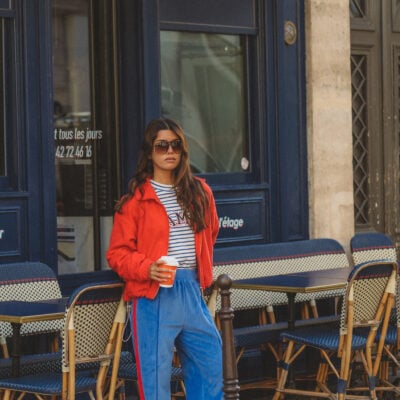 Araminta James Velour Stripe Trackpant Cerulean Blue - Image 1
