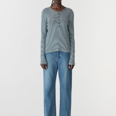 Bassike Stripe Rib Long Sleeve Placket T-Shirt - Image 1