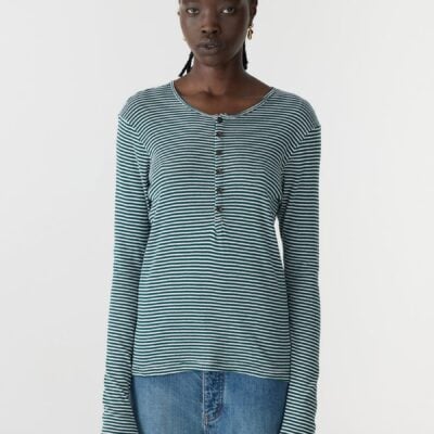 Bassike Stripe Rib Long Sleeve Placket T-Shirt - Image 2