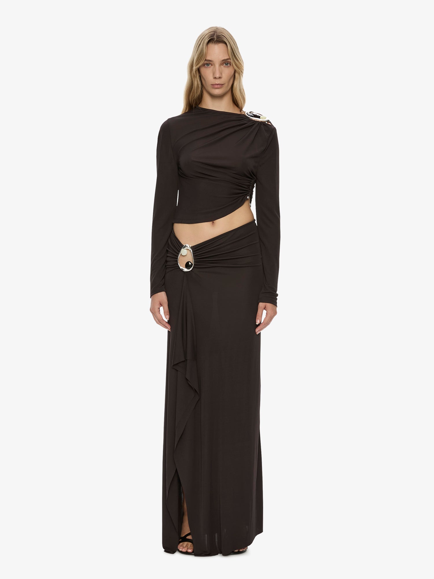 MNCE230826191343018_2 Christopher Esber Orica Crystal Ruched Long Sleeve Top - Image 2