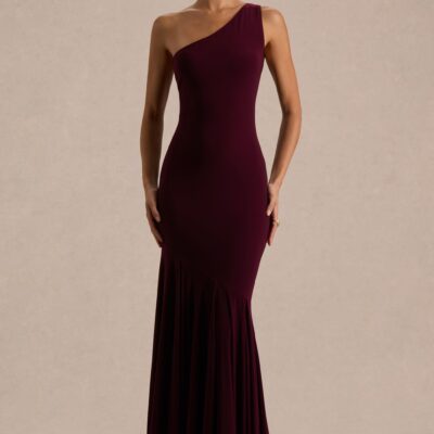 Club L London Zya | Dark Plum Asymmetric-Neck Fishtail Maxi Dress - Image 1