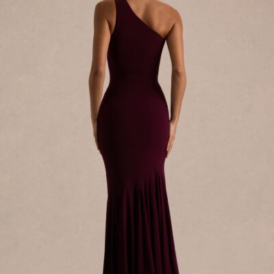 Club L London Zya | Dark Plum Asymmetric-Neck Fishtail Maxi Dress - Image 2
