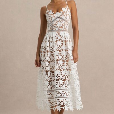 Club L London Zuri | White Lace Sweetheart Midi Dress With Cami Straps - Image 1