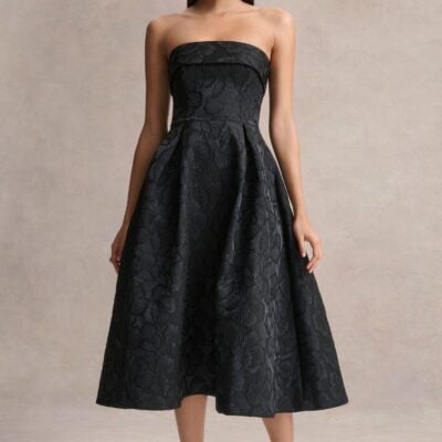 Club L London Zuma | Black Metallic Jacquard Strapless Midi Dress - Image 1