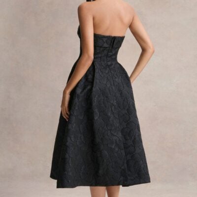 Club L London Zuma | Black Metallic Jacquard Strapless Midi Dress - Image 2