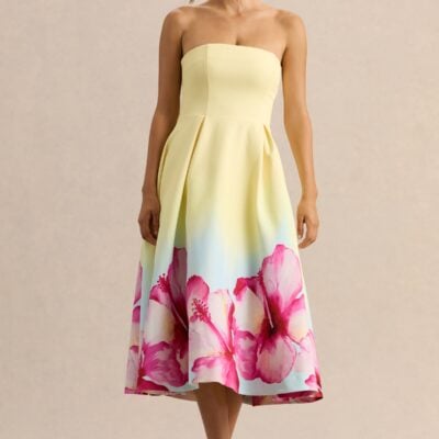 Club L London Zoya | Yellow Ombre Lily Print Bandeau Midi Dress - Image 1
