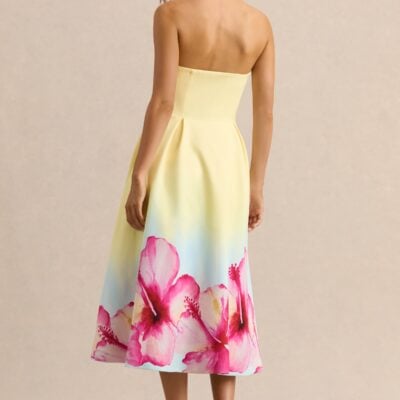 Club L London Zoya | Yellow Ombre Lily Print Bandeau Midi Dress - Image 2