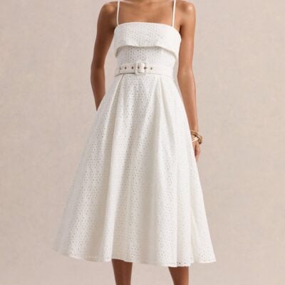 Club L London Zoeva | Cream Broderie Square-Neck Belted Midi Dress - Image 1