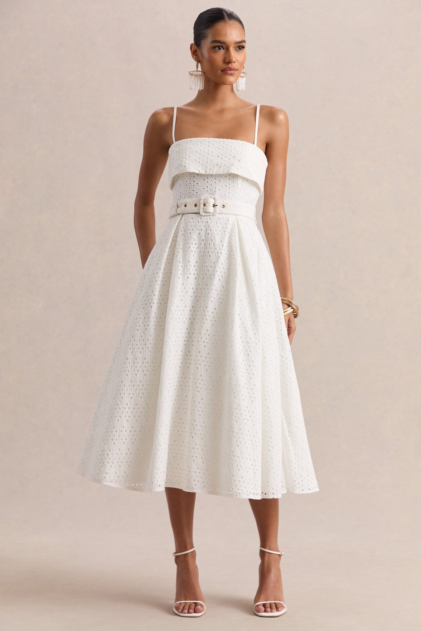 Club L London Zoeva | Cream Broderie Square-Neck Belted Midi Dress - Image 1