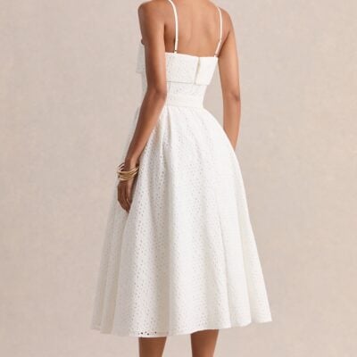 Club L London Zoeva | Cream Broderie Square-Neck Belted Midi Dress - Image 2