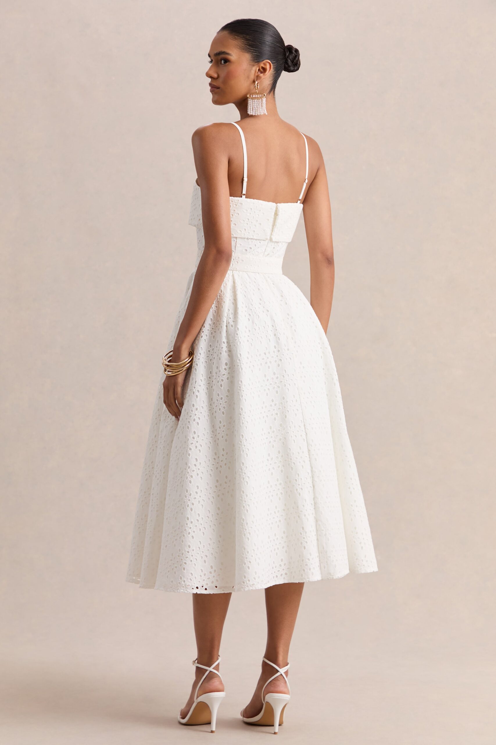 Club L London Zoeva | Cream Broderie Square-Neck Belted Midi Dress - Image 2