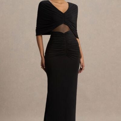 Club L London Zinnie | Black Cape-Sleeve Maxi Dress With Mesh Panel - Image 1