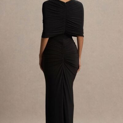 Club L London Zinnie | Black Cape-Sleeve Maxi Dress With Mesh Panel - Image 2