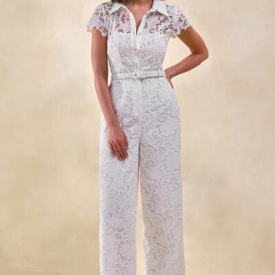 Club L London Zerelle | White Lace Collared Plunge-Neck Jumpsuit With Belt-Detail - Image 1