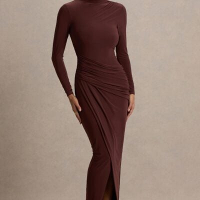 Club L London Zephyra | Brown High-Neck Wrapped Maxi Dress - Image 1