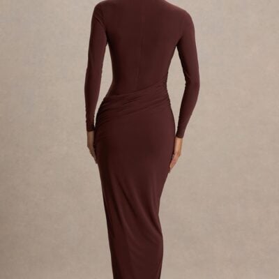 Club L London Zephyra | Brown High-Neck Wrapped Maxi Dress - Image 2