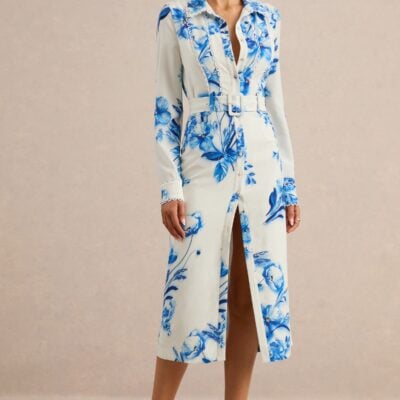 Club L London Zephy | Blue Floral Print Belted Shirt Midi Dress - Image 2