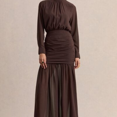 Club L London Zella | Brown High-Neck Maxi Dress With Sheer-Skirt - Image 1