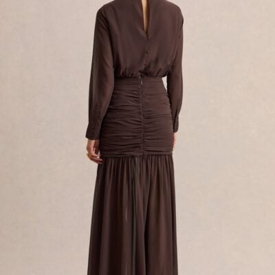 Club L London Zella | Brown High-Neck Maxi Dress With Sheer-Skirt - Image 2