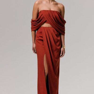 Club L London Zelina | Terracotta Mid-Rise Maxi Skirt with Split - Image 1