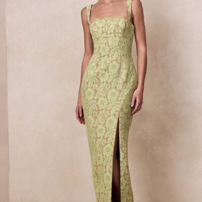 Club L London Zarisse | Green Lace Square-Neck Maxi Dress - Image 1