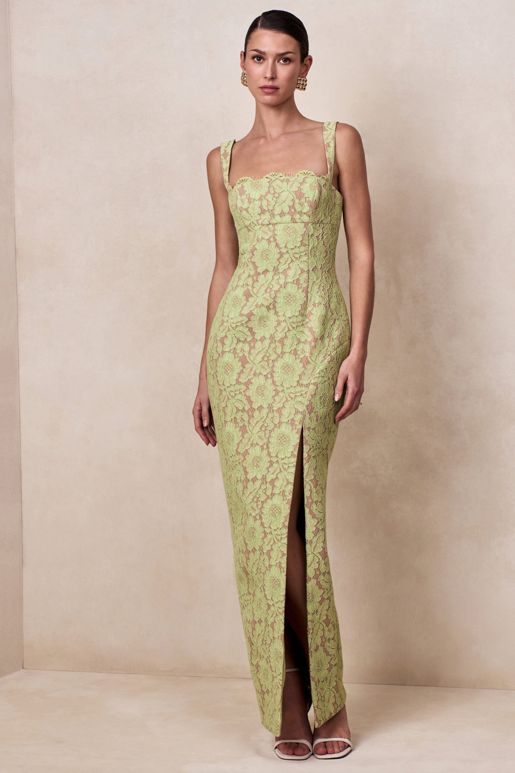 Club L London Zarisse | Green Lace Square-Neck Maxi Dress - Image 1