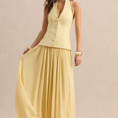 Club L London Zarina | Lemon Plunge-Neck Maxi Dress - Image 1