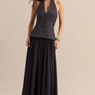 Club L London Zarina | Black & White Polka-Dot Plunge-Neck Maxi Dress - Image 1