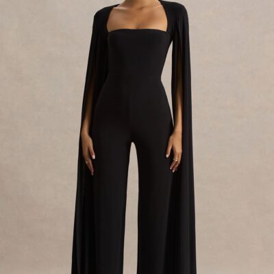 Club L London Zara | Black Square-Neck Jumpsuit With Cape Sleeves - Image 1