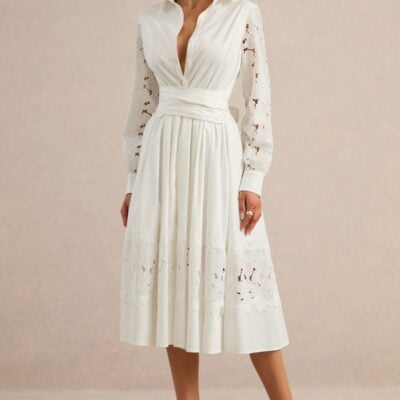 Club L London Zalynne | White Broderie Collared-Neck Midi Dress - Image 2
