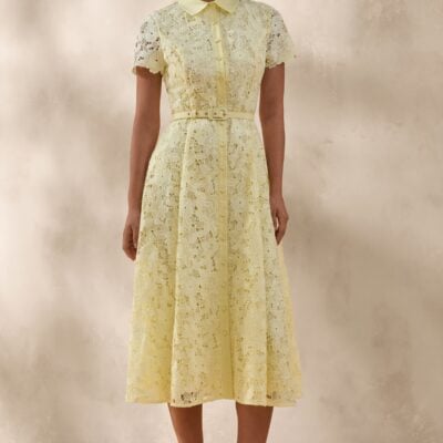 Club L London Zalie | Yellow Lace High-Neck Belted Midi Dress - Image 1