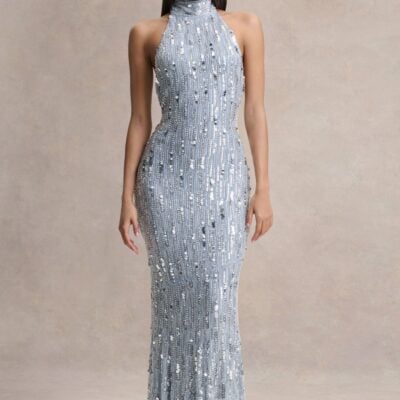 Club L London Zaira | Silver Sequin High-Neck Maxi Dress With Open-Back - Image 1