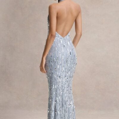 Club L London Zaira | Silver Sequin High-Neck Maxi Dress With Open-Back - Image 2