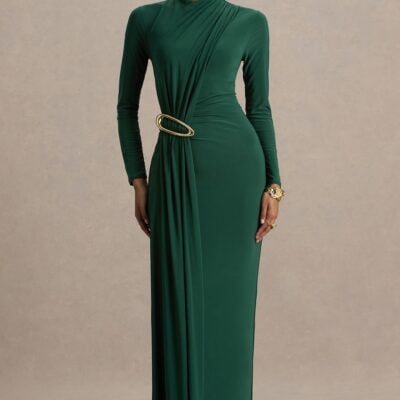 Club L London Zadie | Teal High-Neck Maxi Dress With Gathered-Detail - Image 1