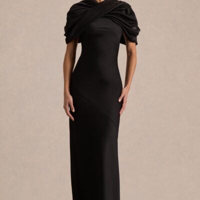 Club L London Yoli | Black Satin Maxi Dress With Removable Twist-Cape - Image 1
