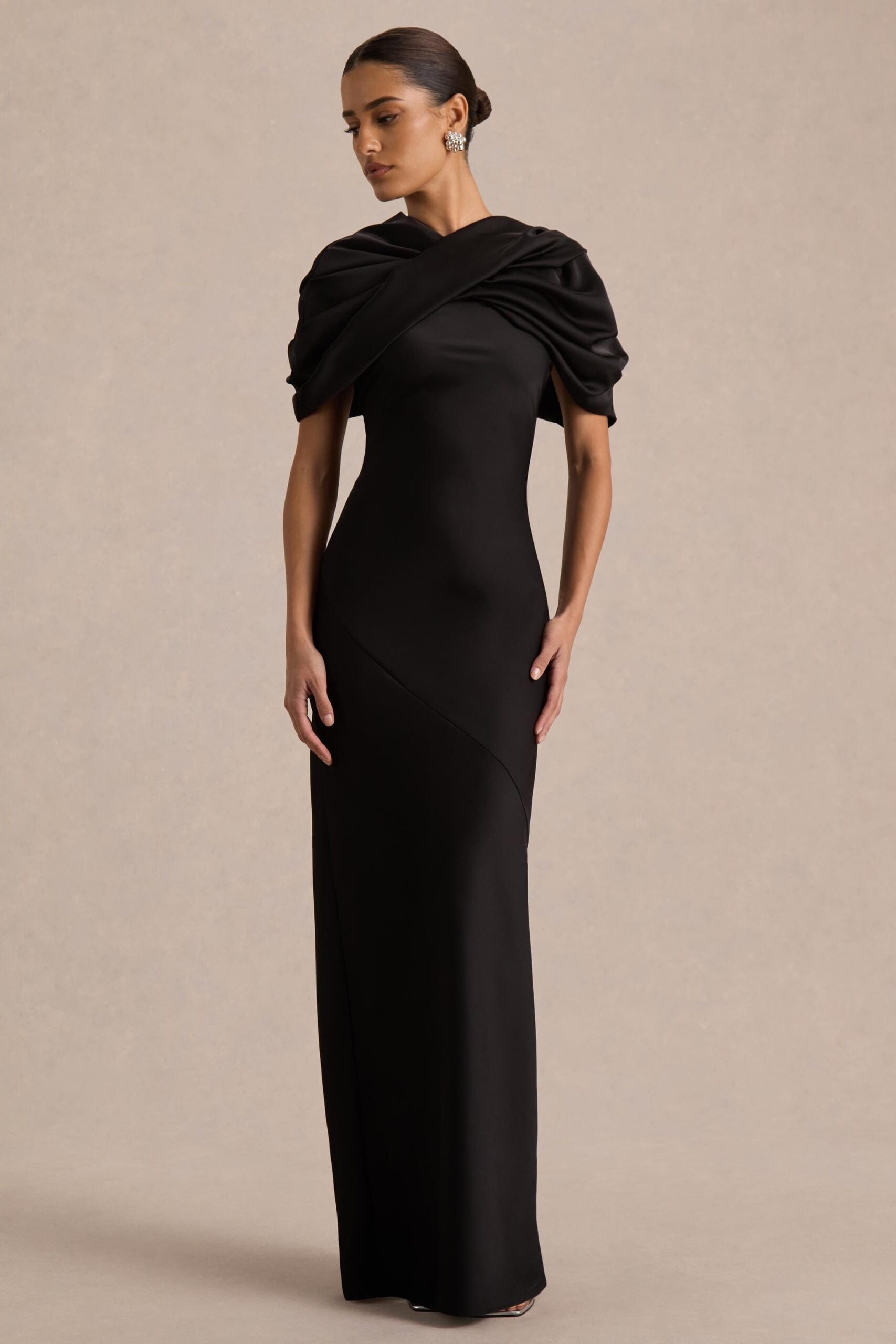 Club L London Yoli | Black Satin Maxi Dress With Removable Twist-Cape - Image 1